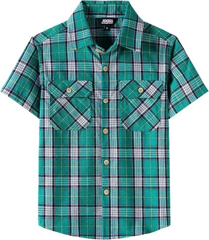 JOGAL Boys Plaid Shirt Short Sleeve Button Down Shirts Casual Woven Shirts with Two Pockets for Kids 6-14 Years in Saudi Arabia