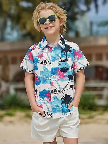Boys Hawaiian Shirt Tropical Short Sleeve Button Down Shirt Summer Floral Beach Shirts with Pocket for 4-14Year in Kuwait
