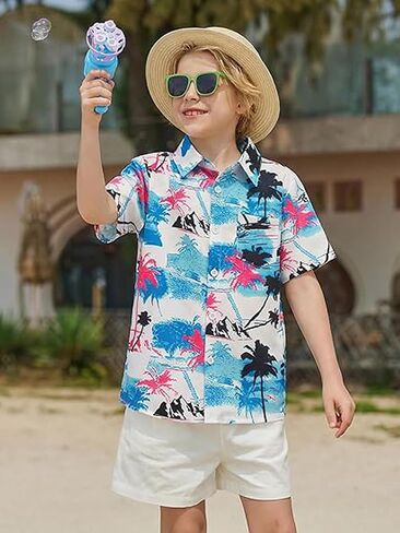 Boys Hawaiian Shirt Tropical Short Sleeve Button Down Shirt Summer Floral Beach Shirts with Pocket for 4-14Year in Kuwait