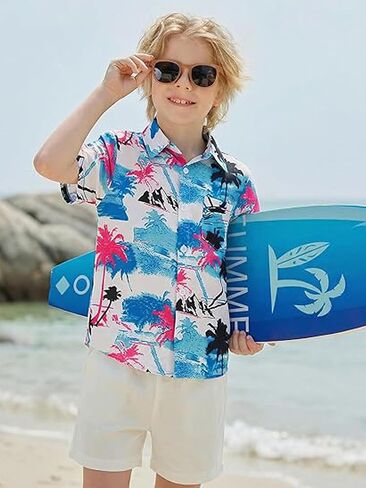 Boys Hawaiian Shirt Tropical Short Sleeve Button Down Shirt Summer Floral Beach Shirts with Pocket for 4-14Year in Kuwait