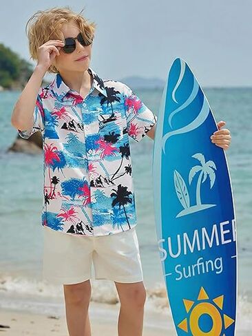 Boys Hawaiian Shirt Tropical Short Sleeve Button Down Shirt Summer Floral Beach Shirts with Pocket for 4-14Year in Kuwait