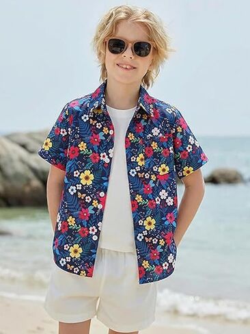 Boys Hawaiian Shirt Tropical Short Sleeve Button Down Shirt Summer Floral Beach Shirts with Pocket for 4-14Year in Kuwait