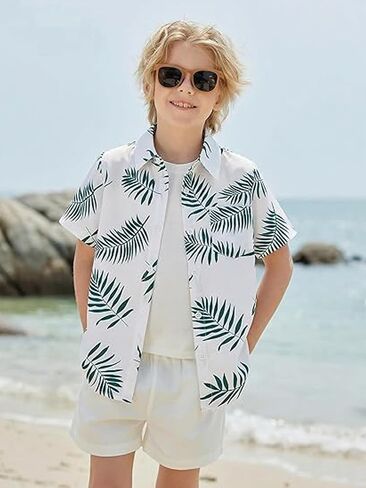 Boys Hawaiian Shirt Tropical Short Sleeve Button Down Shirt Summer Floral Beach Shirts with Pocket for 4-14Year in Kuwait