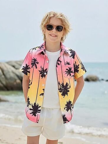 Boys Hawaiian Shirt Tropical Short Sleeve Button Down Shirt Summer Floral Beach Shirts with Pocket for 4-14Year in Kuwait