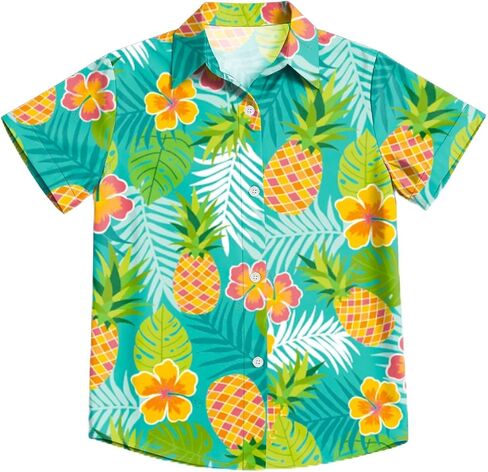 Kids Hawaiian Shirt Boys Girls Tropical Print Tees Beach Vacation Shirts Summer Holiday Button Down Tops 5-14y in Kuwait
