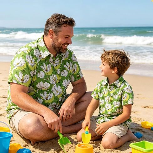 Hawaiian Dad Son Matching Shirts, Floral Short Sleeve Tops, Family Outfit for Summer Beach Vacation Wear in Kuwait