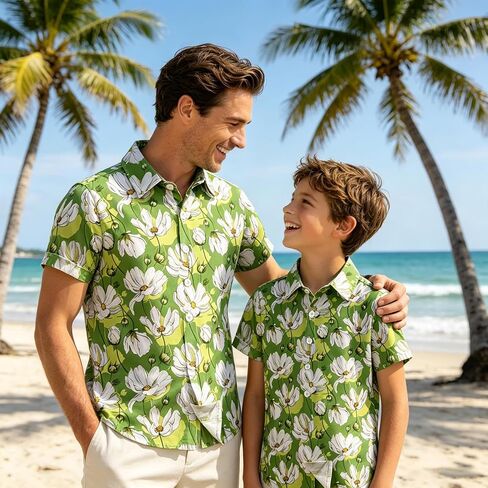 Hawaiian Dad Son Matching Shirts, Floral Short Sleeve Tops, Family Outfit for Summer Beach Vacation Wear in Kuwait