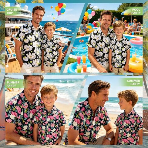 Hawaiian Dad Son Matching Shirts, Floral Short Sleeve Tops, Family Outfit for Summer Beach Vacation Wear in Kuwait