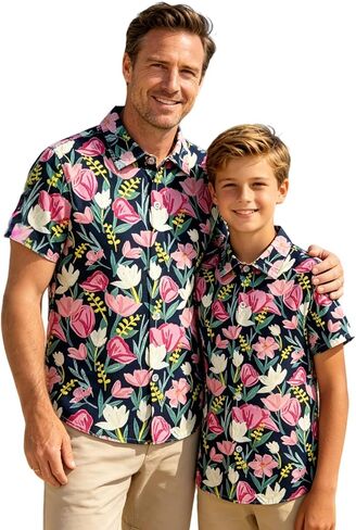 Hawaiian Dad Son Matching Shirts, Floral Short Sleeve Tops, Family Outfit for Summer Beach Vacation Wear in Kuwait