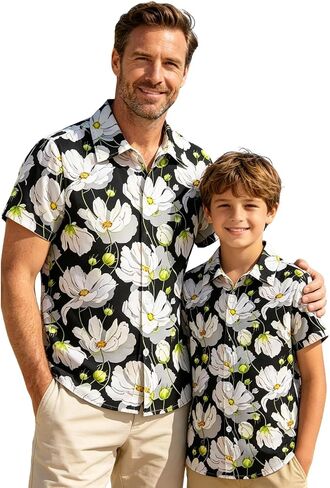 Hawaiian Dad Son Matching Shirts, Floral Short Sleeve Tops, Family Outfit for Summer Beach Vacation Wear in Kuwait