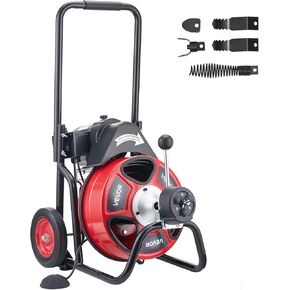 VEVOR Drain Cleaner Machine 100FT x 1/2 Inch, Auto Feed Sewer Snake Auger on Wheels, 550W Portable Drain Cleaning Machine with 8 Cutters & Air-activated Foot Switch for 2" to 4" Pipes in Kuwait