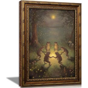 Vintage Gold Framed Frog Wall Art,Frogs Dancing in Moonlight Forest Painting Canvas Prints,Whimsical Animal Wall Decor,Retro Country Toad Poster Artwork for Corridor Living room Bedroom Kitchen in Saudi Arabia