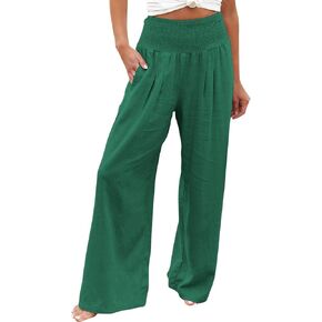 Linen Pants Women Wide Leg Summer Boho Elastic High Waist Casual Lounge Pant Beach Travel Flowy Trousers with Pockets in Saudi Arabia
