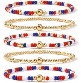 4th of July Patriotic Bracelets for Women, Boho Gold & Red White Blue Tiny Bead Stackable Elastic Bracelets Waterproof Fashion Summer Patriotic Friendship Jewelry Accessories Gift in Saudi Arabia