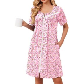 Ekouaer Zipper Robes for Women Short Sleeve Bathrobes Lace Lightweight House Coat Soft Zip Up Nightgowns with Pockets in Kuwait