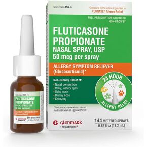 Glenmark Therapeutics Fluticasone Propionate Nasal Spray, USP 50 mcg per Spray, 144 Metered Sprays, 24 Hour Allergy Symptom Reliever, Non-Drowsy in Kuwait