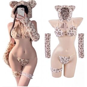 7 Pcs Alluring Anime Tiger Maid Costume for Women – Cat Costumes Set with Plush Bra, Tail G-string, Ears Hat, Gloves and Fishnet Stockings, Furry Babydoll Bodysuit in Kuwait