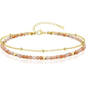 Gold Ankle Bracelet for Women Waterproof, Dainty Natural Stone Bead Anklet Adjustable Double Ankle Chain Summer Beach Boho Foot Jewelry Anniversary Birthday Gifts in Saudi Arabia