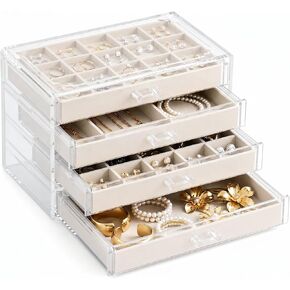 Clear Jewelry Box with 4 Drawers,Acrylic Jewelry Organizers and Storage with Velvet Trays,Earring Holder Organizer for Women and Girls, Warm White in Saudi Arabia