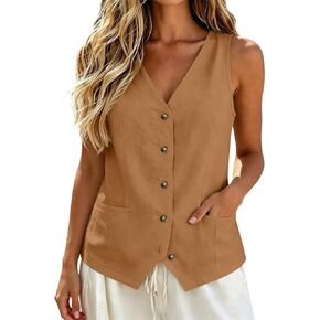 COTECRAM Cotton Linen Vest for Women 2023 Casual Sleeveless Button Down Jacket Lightweight Summer Loose Vests Outerwear in Saudi Arabia