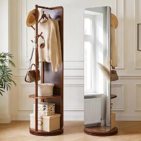 Solid Wood Floor Mirror 69"x19"Full Length Mirror with Standing,360°Rotating Coat Rack with Mirror for Bedroom, Living Room, Cloakroom in Saudi Arabia