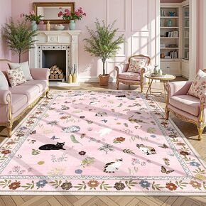 AIMPEAK Pink 6x9 Washable Area Rug - Non Slip Low Pile Cat Floral Boho Vintage Carpet for Living Room, Bedroom, Farmhouse, Dining Room, Nursery, Kids Playroom, Pink Multi in Saudi Arabia