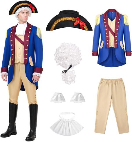 Founding Father Costume for Men with Wig, Tricorn Hat, Sleeves & Collar | Revolutionary War Costume Adult in Saudi Arabia