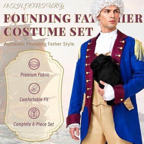 Founding Father Costume for Men with Wig, Tricorn Hat, Sleeves & Collar | Revolutionary War Costume Adult in Saudi Arabia