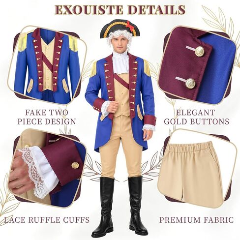 Founding Father Costume for Men with Wig, Tricorn Hat, Sleeves & Collar | Revolutionary War Costume Adult in Saudi Arabia