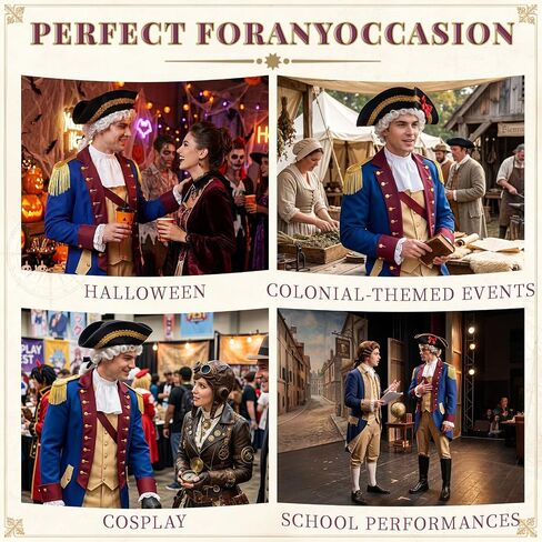 Founding Father Costume for Men with Wig, Tricorn Hat, Sleeves & Collar | Revolutionary War Costume Adult in Saudi Arabia