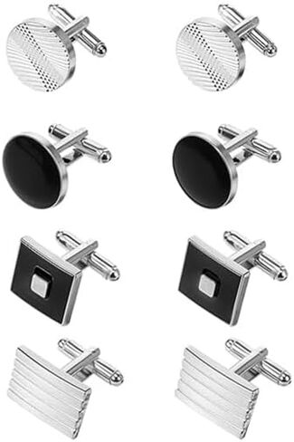 8Pcs Cufflinks for Men Classic Tone Cuff Links Fashion Men Cufflinks -Sliver Striped Disc Square Rectangle Cuff Links for Business Wedding Party Gift Box A in Kuwait