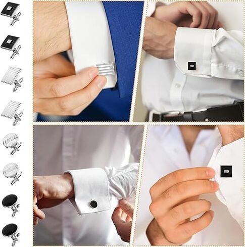 8Pcs Cufflinks for Men Classic Tone Cuff Links Fashion Men Cufflinks -Sliver Striped Disc Square Rectangle Cuff Links for Business Wedding Party Gift Box A in Kuwait