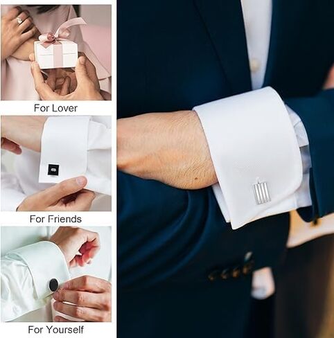 8Pcs Cufflinks for Men Classic Tone Cuff Links Fashion Men Cufflinks -Sliver Striped Disc Square Rectangle Cuff Links for Business Wedding Party Gift Box A in Kuwait