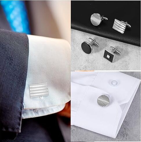 8Pcs Cufflinks for Men Classic Tone Cuff Links Fashion Men Cufflinks -Sliver Striped Disc Square Rectangle Cuff Links for Business Wedding Party Gift Box A in Kuwait