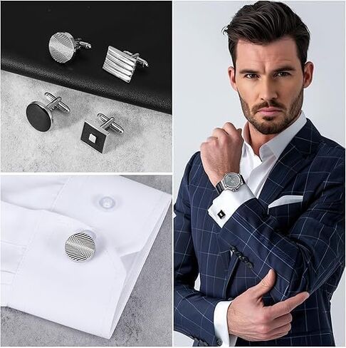 8Pcs Cufflinks for Men Classic Tone Cuff Links Fashion Men Cufflinks -Sliver Striped Disc Square Rectangle Cuff Links for Business Wedding Party Gift Box A in Kuwait
