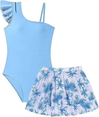 Teen Girls Swimsuit Bikini Set Ruffle Sleeveless One-Piece Bathing Suit Swimwear with Cover Up Skirt 7-16Y in Kuwait
