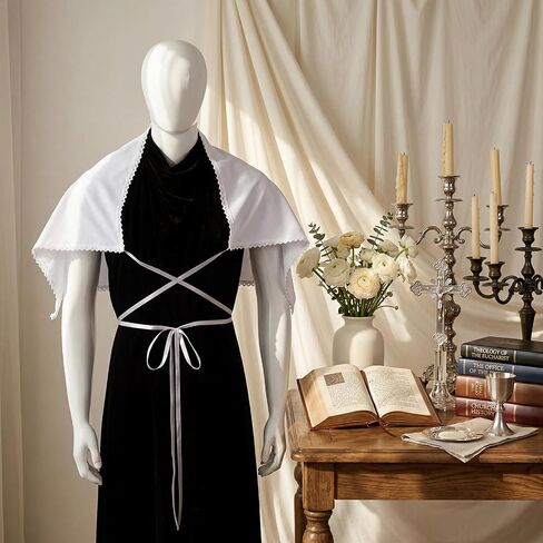 Twistover White Clergy Amice مع زخرفة من الدانتيل وربطات عنق طويلة، سترة كاهن تقليدية لمذبح الكنيسة، ملابس احتفالية من القطن والبوليستر قابلة للتنفس in Kuwait