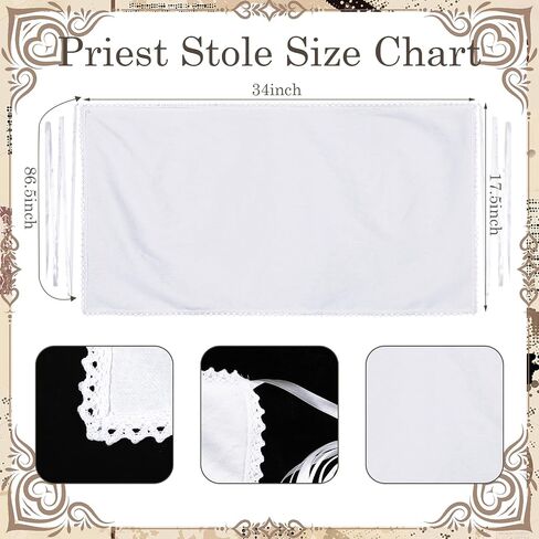 Twistover White Clergy Amice مع زخرفة من الدانتيل وربطات عنق طويلة، سترة كاهن تقليدية لمذبح الكنيسة، ملابس احتفالية من القطن والبوليستر قابلة للتنفس in Kuwait