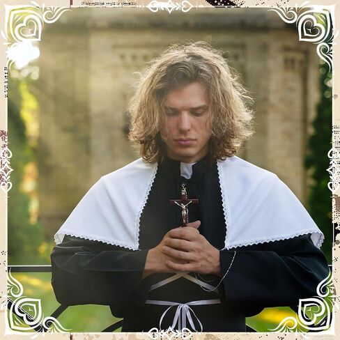 Twistover White Clergy Amice مع زخرفة من الدانتيل وربطات عنق طويلة، سترة كاهن تقليدية لمذبح الكنيسة، ملابس احتفالية من القطن والبوليستر قابلة للتنفس in Kuwait