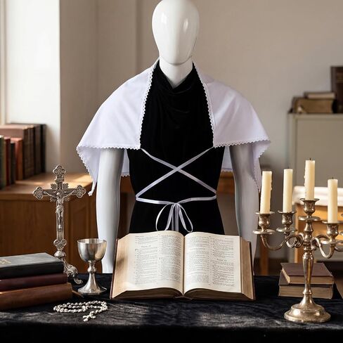Twistover White Clergy Amice مع زخرفة من الدانتيل وربطات عنق طويلة، سترة كاهن تقليدية لمذبح الكنيسة، ملابس احتفالية من القطن والبوليستر قابلة للتنفس in Kuwait