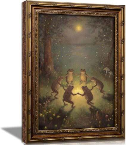 Vintage Gold Framed Frog Wall Art,Frogs Dancing in Moonlight Forest Painting Canvas Prints,Whimsical Animal Wall Decor,Retro Country Toad Poster Artwork for Corridor Living room Bedroom Kitchen in Saudi Arabia
