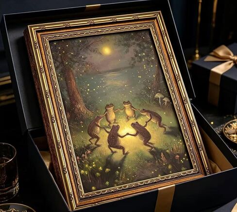 Vintage Gold Framed Frog Wall Art,Frogs Dancing in Moonlight Forest Painting Canvas Prints,Whimsical Animal Wall Decor,Retro Country Toad Poster Artwork for Corridor Living room Bedroom Kitchen in Saudi Arabia