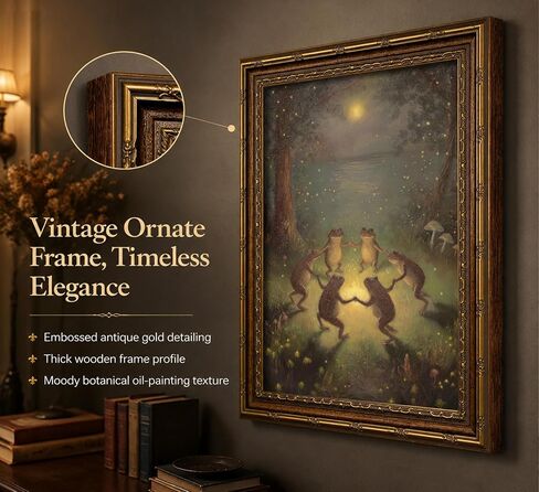 Vintage Gold Framed Frog Wall Art,Frogs Dancing in Moonlight Forest Painting Canvas Prints,Whimsical Animal Wall Decor,Retro Country Toad Poster Artwork for Corridor Living room Bedroom Kitchen in Saudi Arabia