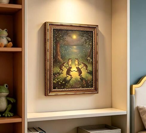 Vintage Gold Framed Frog Wall Art,Frogs Dancing in Moonlight Forest Painting Canvas Prints,Whimsical Animal Wall Decor,Retro Country Toad Poster Artwork for Corridor Living room Bedroom Kitchen in Saudi Arabia