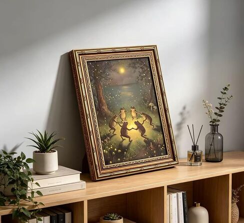 Vintage Gold Framed Frog Wall Art,Frogs Dancing in Moonlight Forest Painting Canvas Prints,Whimsical Animal Wall Decor,Retro Country Toad Poster Artwork for Corridor Living room Bedroom Kitchen in Saudi Arabia