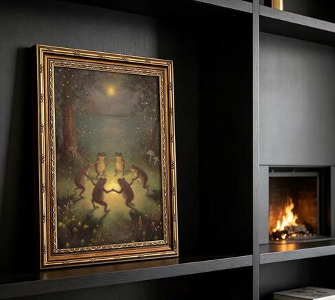 Vintage Gold Framed Frog Wall Art,Frogs Dancing in Moonlight Forest Painting Canvas Prints,Whimsical Animal Wall Decor,Retro Country Toad Poster Artwork for Corridor Living room Bedroom Kitchen in Saudi Arabia