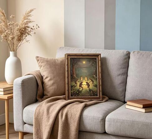 Vintage Gold Framed Frog Wall Art,Frogs Dancing in Moonlight Forest Painting Canvas Prints,Whimsical Animal Wall Decor,Retro Country Toad Poster Artwork for Corridor Living room Bedroom Kitchen in Saudi Arabia