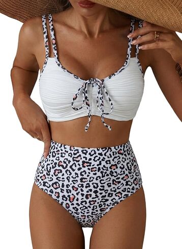 Herseas Women's Textured Bikini Sets 2 Piece High Waisted Tie Front Swimsuits Floral Print Bathing Suits Beach Swimwear in Saudi Arabia