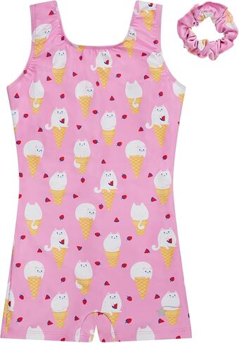 Destira Girls Gymnastics Unitard Kitty Cones Pink Sleeveless Biketard Ice Cream Cat Print, Matching Scrunchie Included in Saudi Arabia