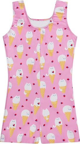 Destira Girls Gymnastics Unitard Kitty Cones Pink Sleeveless Biketard Ice Cream Cat Print, Matching Scrunchie Included in Saudi Arabia
